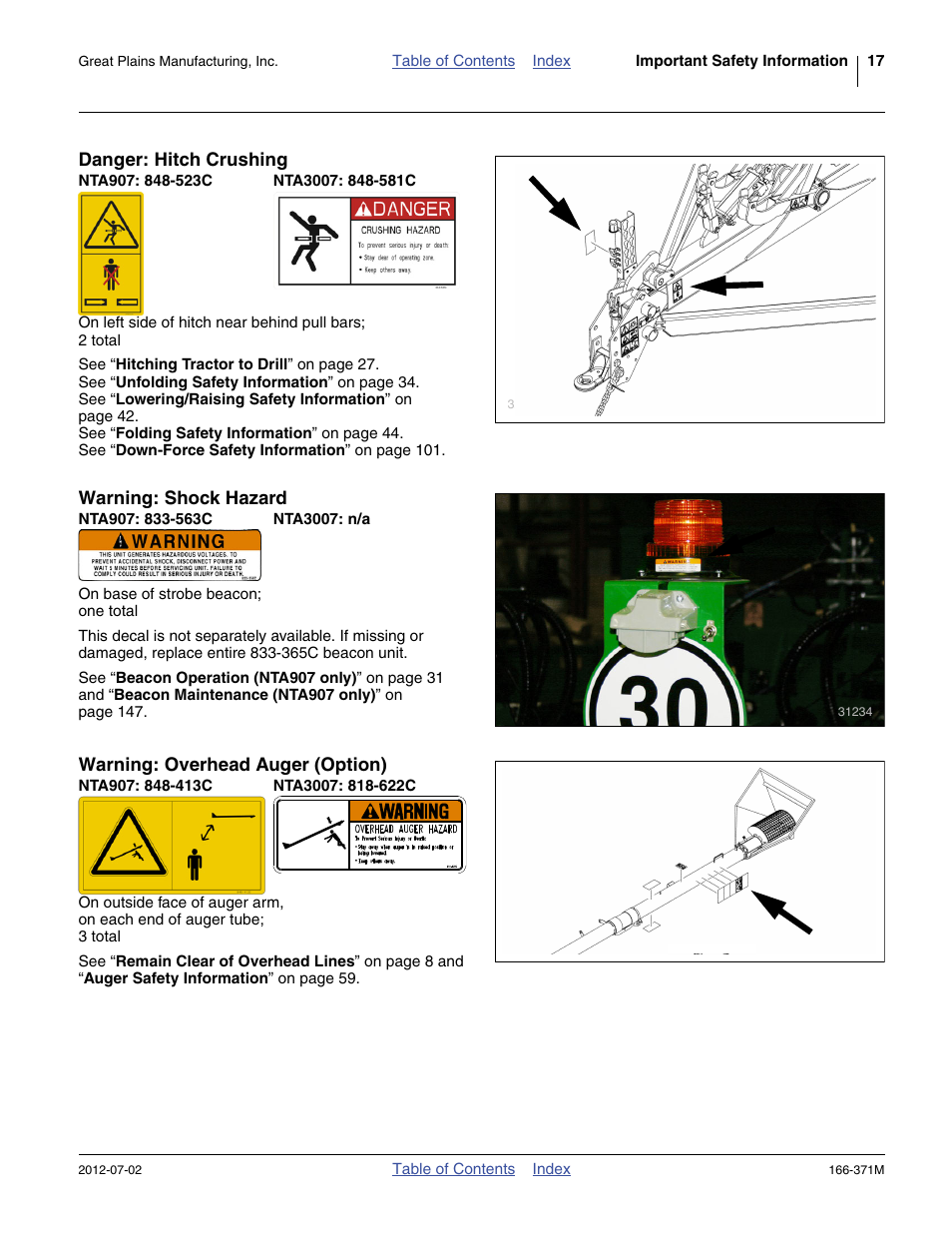 Danger: hitch crushing, Nta907: 848-523c, Nta3007: 848-581c | Warning: shock hazard, Nta907: 833-563c, Nta3007: n/a, Warning: overhead auger (option), Nta907: 848-413c, Nta3007: 818-622c | Great Plains NTA3007 Operator Manual User Manual | Page 21 / 200
