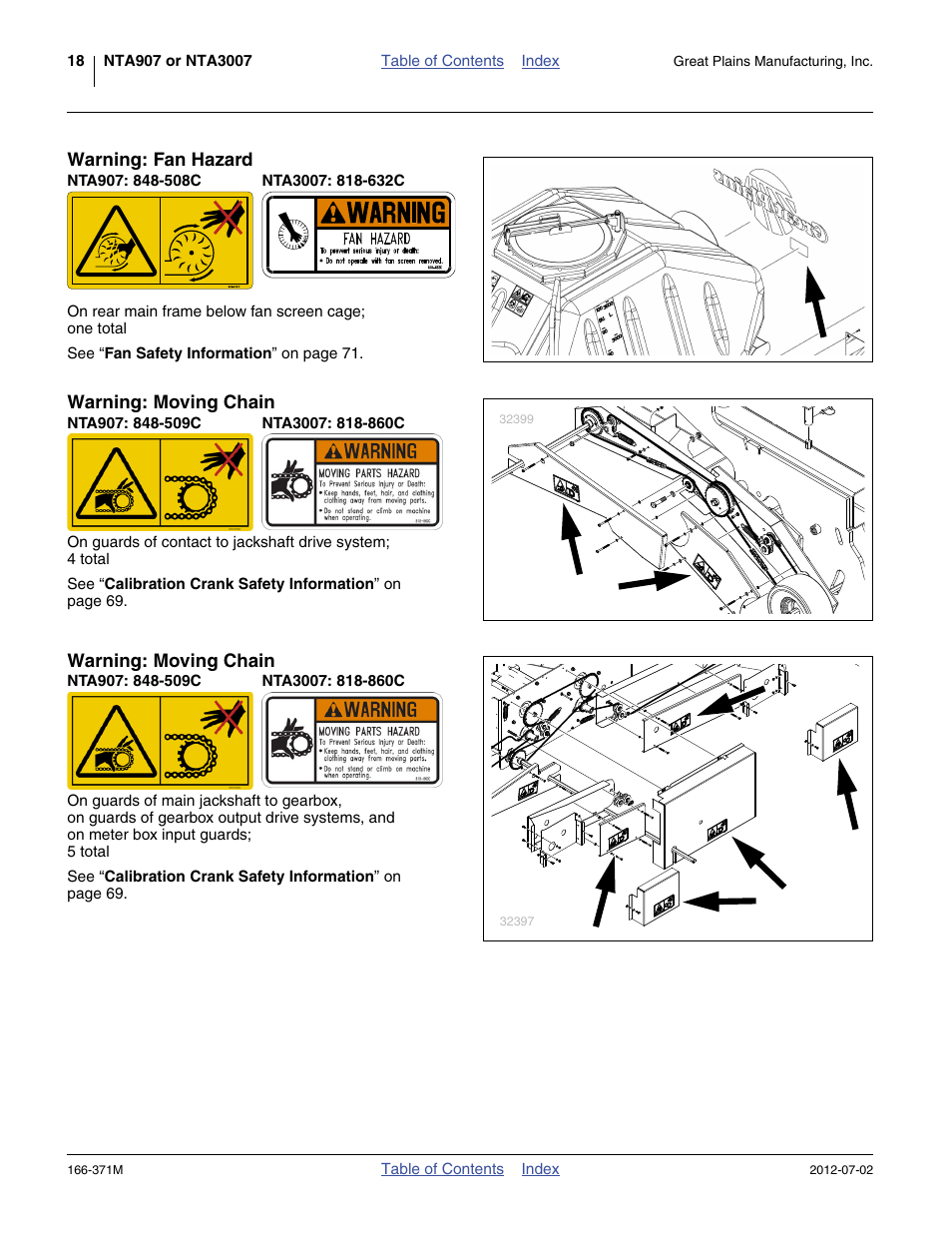 Warning: fan hazard, Nta907: 848-508c, Nta3007: 818-632c | Warning: moving chain, Nta907: 848-509c, Nta3007: 818-860c | Great Plains NTA3007 Operator Manual User Manual | Page 22 / 200