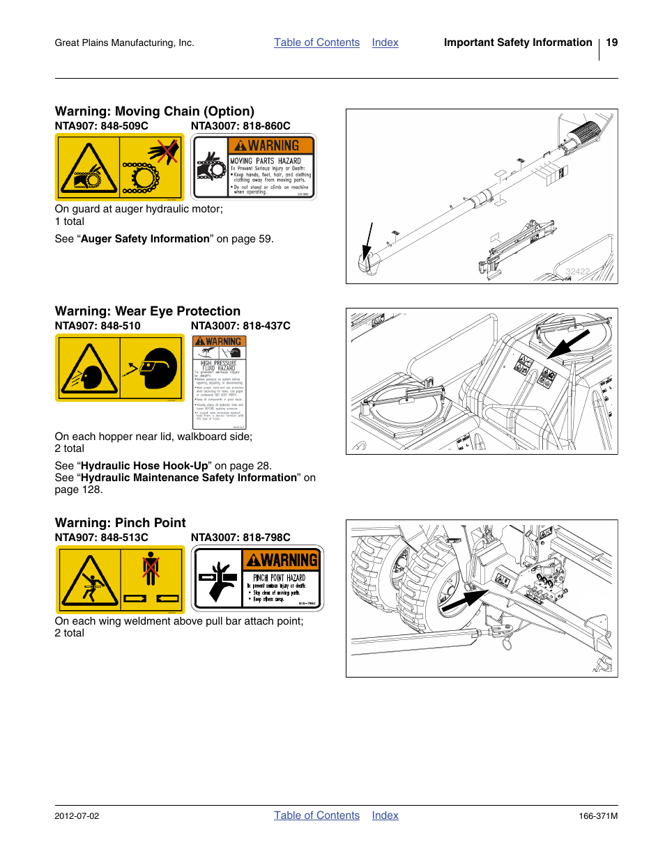 Warning: moving chain (option), Nta907: 848-509c, Nta3007: 818-860c | Warning: wear eye protection, Nta907: 848-510, Nta3007: 818-437c, Warning: pinch point, Nta907: 848-513c, Nta3007: 818-798c | Great Plains NTA3007 Operator Manual User Manual | Page 23 / 200