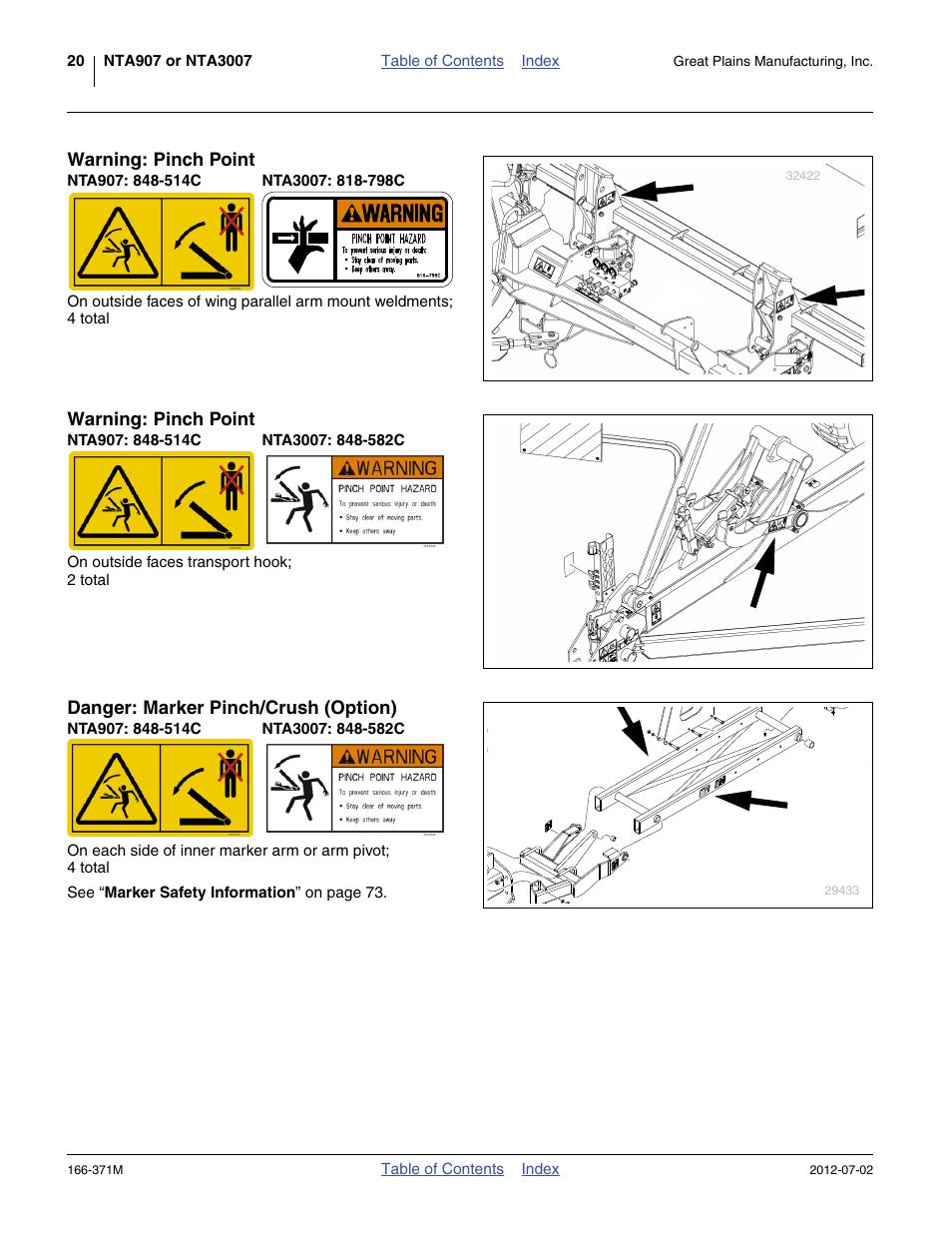 Warning: pinch point, Nta907: 848-514c, Nta3007: 818-798c | Nta3007: 848-582c, Danger: marker pinch/crush (option) | Great Plains NTA3007 Operator Manual User Manual | Page 24 / 200