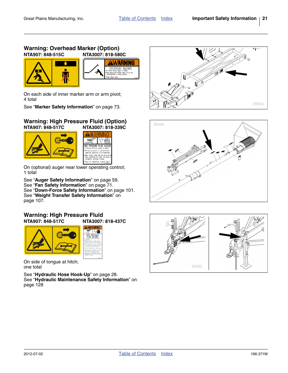 Warning: overhead marker (option), Nta907: 848-515c, Nta3007: 818-580c | Warning: high pressure fluid (option), Nta907: 848-517c, Nta3007: 818-339c, Warning: high pressure fluid, Nta3007: 818-437c | Great Plains NTA3007 Operator Manual User Manual | Page 25 / 200