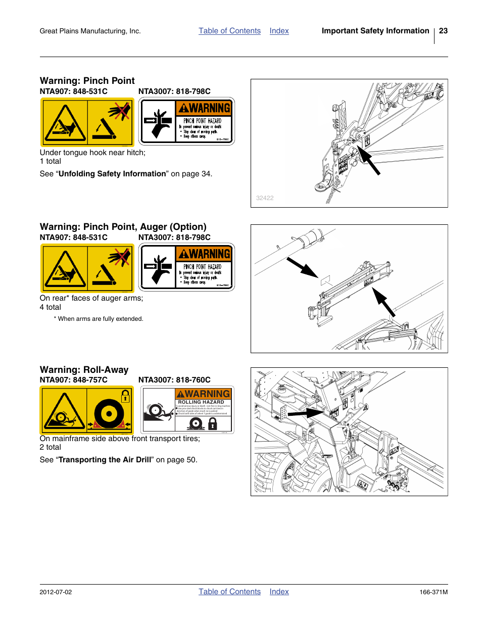 Warning: pinch point, Nta907: 848-531c, Nta3007: 818-798c | Warning: pinch point, auger (option), Warning: roll-away, Nta907: 848-757c, Nta3007: 818-760c, Warning | Great Plains NTA3007 Operator Manual User Manual | Page 27 / 200