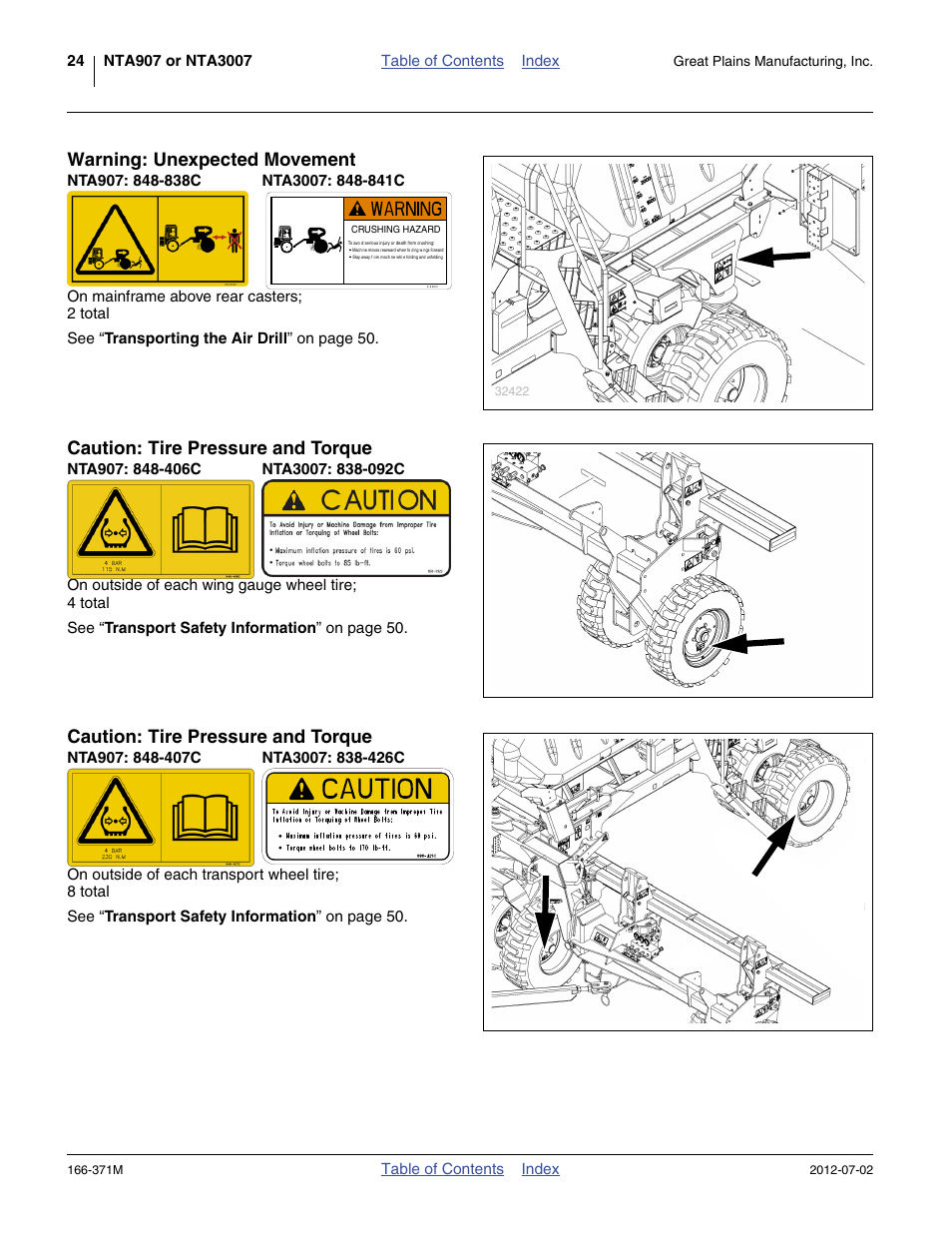 Warning: unexpected movement, Nta907: 848-838c, Nta3007: 848-841c | Caution: tire pressure and torque, Nta907: 848-406c, Nta3007: 838-092c, Nta907: 848-407c, Nta3007: 838-426c | Great Plains NTA3007 Operator Manual User Manual | Page 28 / 200