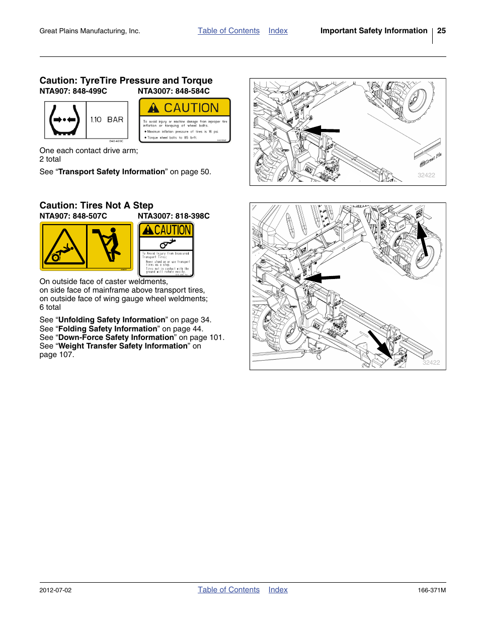 Caution: tyretire pressure and torque, Nta907: 848-499c, Nta3007: 848-584c | Caution: tires not a step, Nta907: 848-507c, Nta3007: 818-398c | Great Plains NTA3007 Operator Manual User Manual | Page 29 / 200