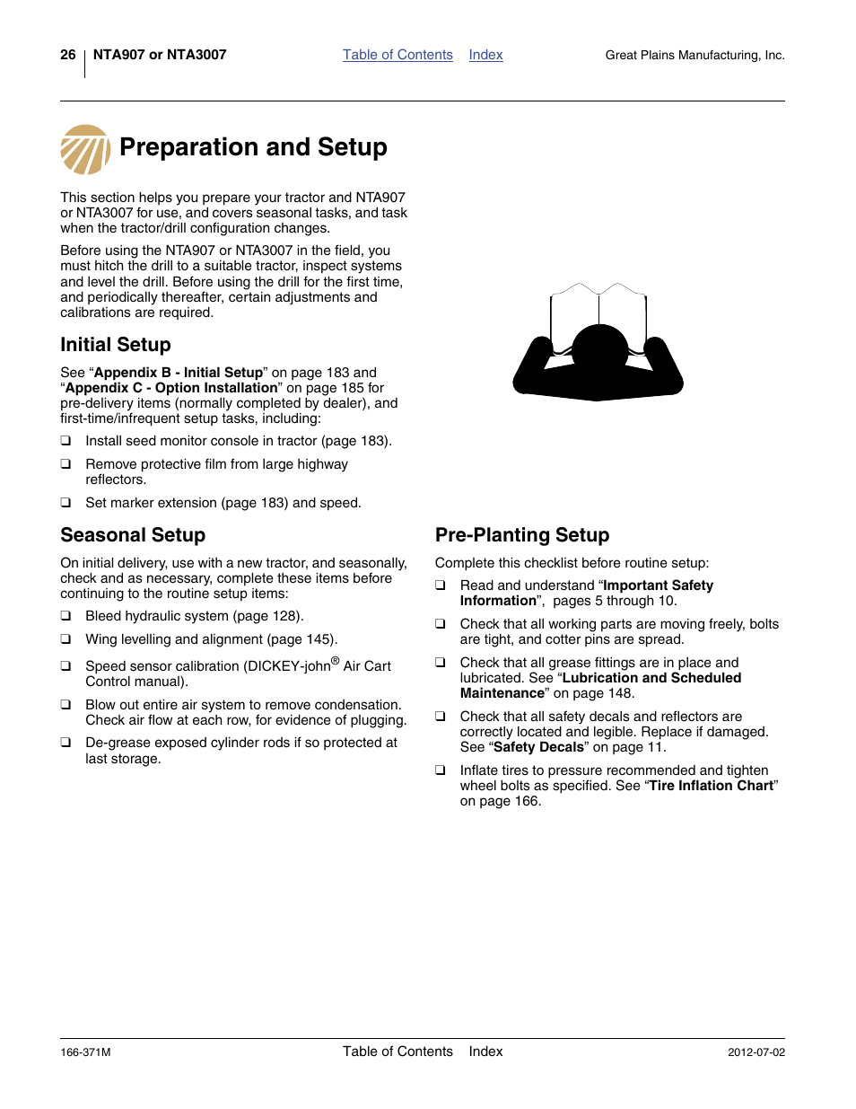 Preparation and setup, Initial setup, Seasonal setup | Pre-planting setup | Great Plains NTA3007 Operator Manual User Manual | Page 30 / 200