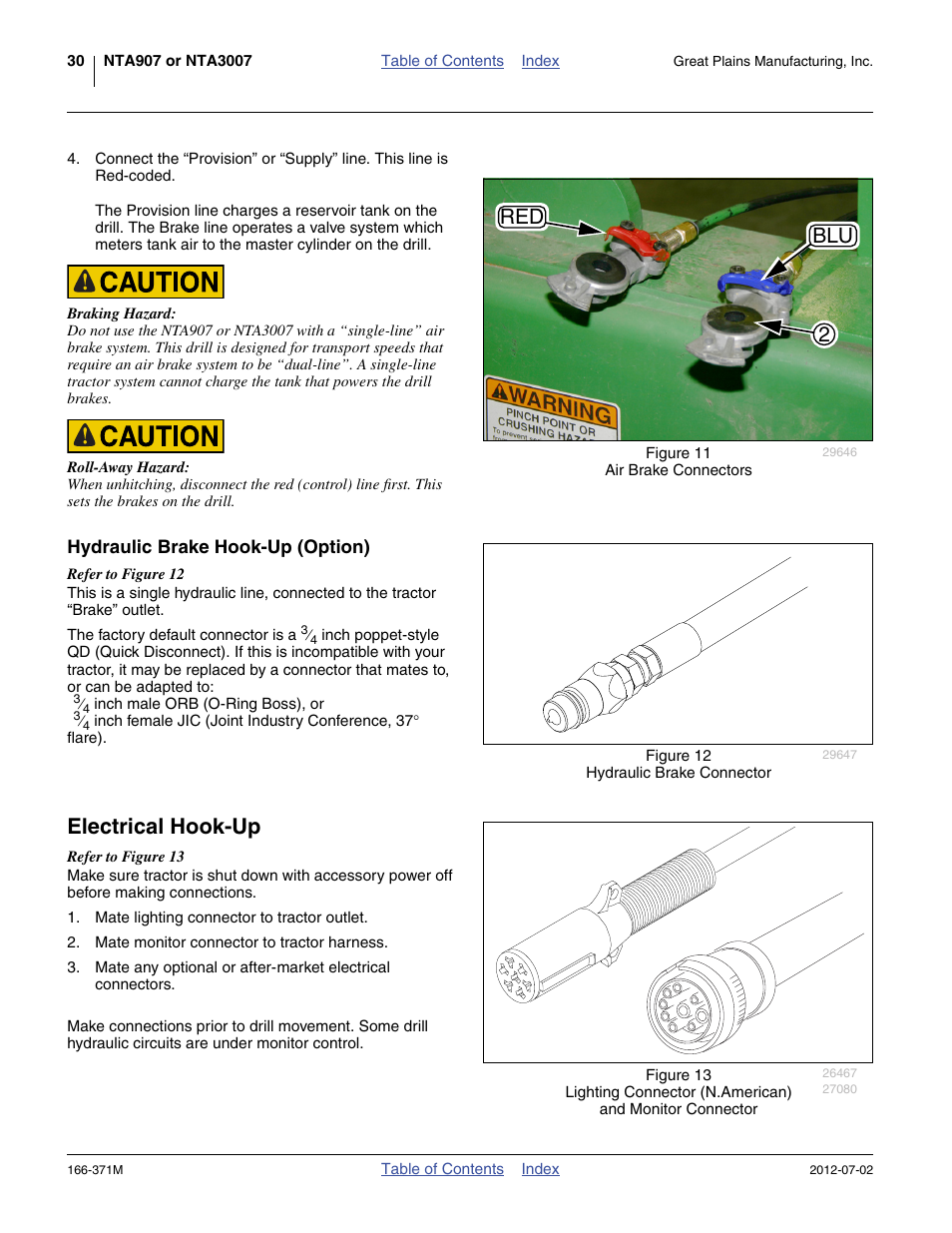 Hydraulic brake hook-up (option), Electrical hook-up, Refer to figure 11 | Red 2 blu | Great Plains NTA3007 Operator Manual User Manual | Page 34 / 200