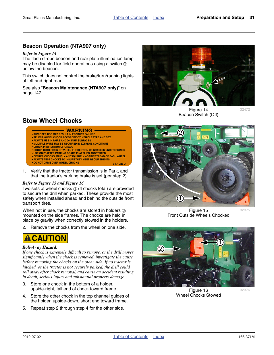 Beacon operation (nta907 only), Stow wheel chocks | Great Plains NTA3007 Operator Manual User Manual | Page 35 / 200
