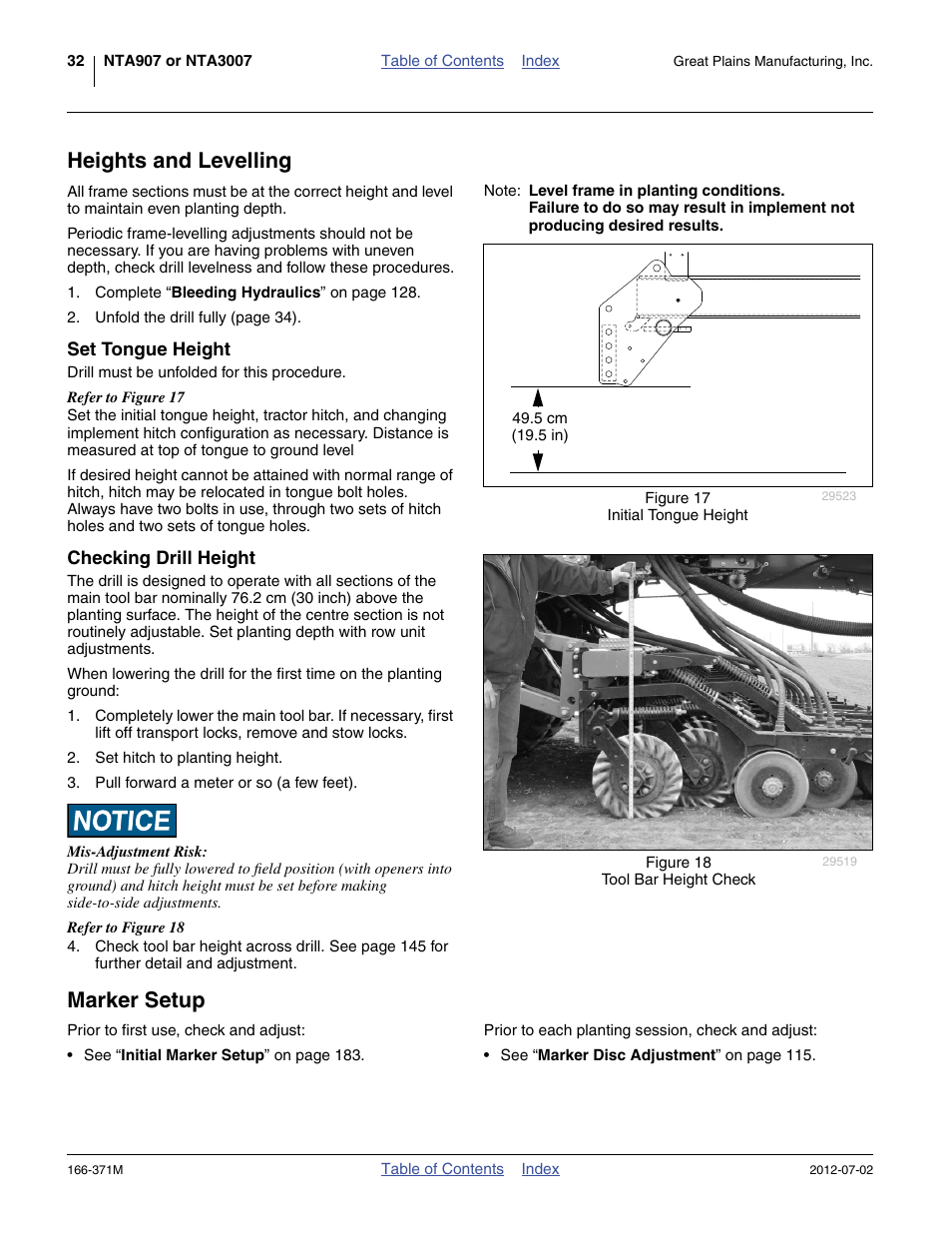 Heights and levelling, Set tongue height, Checking drill height | Marker setup, Heights and levelling marker setup | Great Plains NTA3007 Operator Manual User Manual | Page 36 / 200