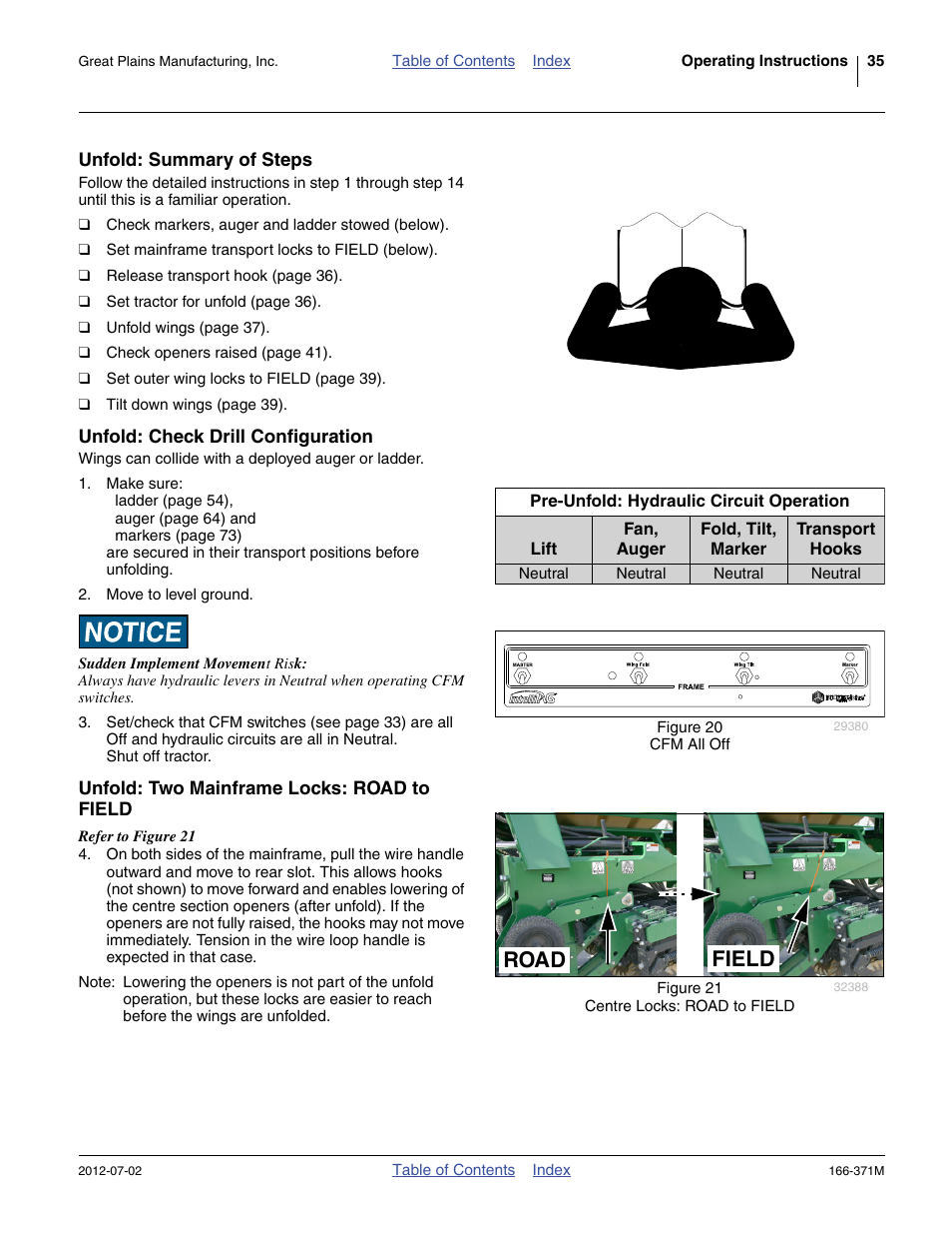 Unfold: summary of steps, Unfold: check drill configuration, Unfold: two mainframe locks: road to field | Road field | Great Plains NTA3007 Operator Manual User Manual | Page 39 / 200