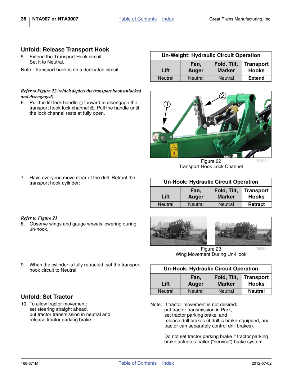 Unfold: release transport hook, Unfold: set tractor | Great Plains NTA3007 Operator Manual User Manual | Page 40 / 200