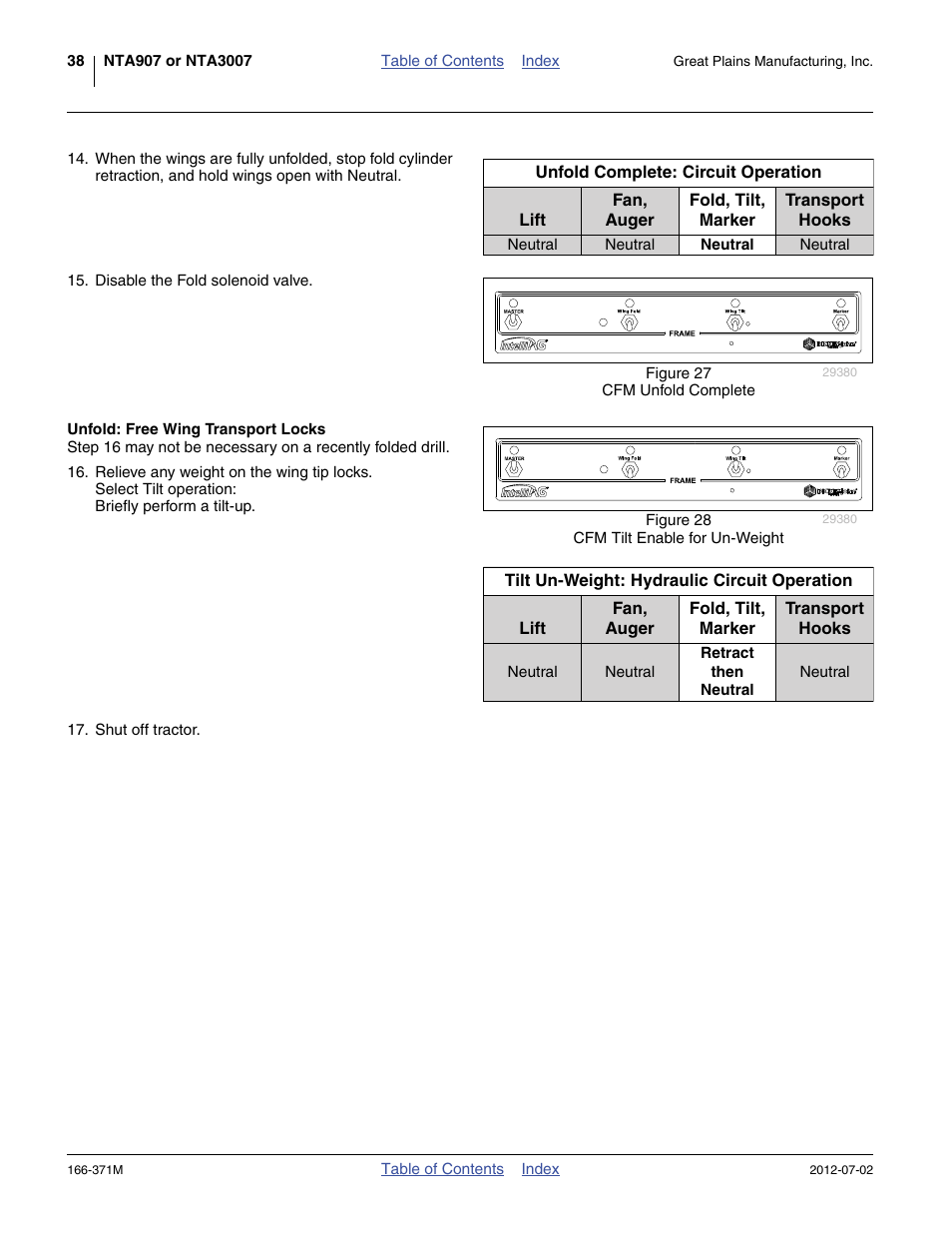Unfold: free wing transport locks | Great Plains NTA3007 Operator Manual User Manual | Page 42 / 200