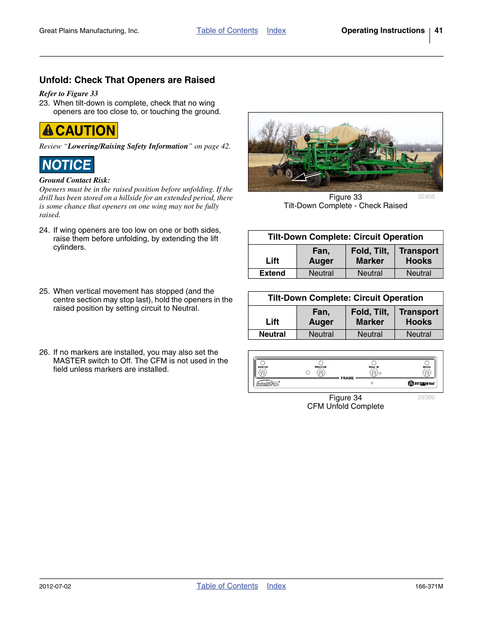 Unfold: check that openers are raised | Great Plains NTA3007 Operator Manual User Manual | Page 45 / 200