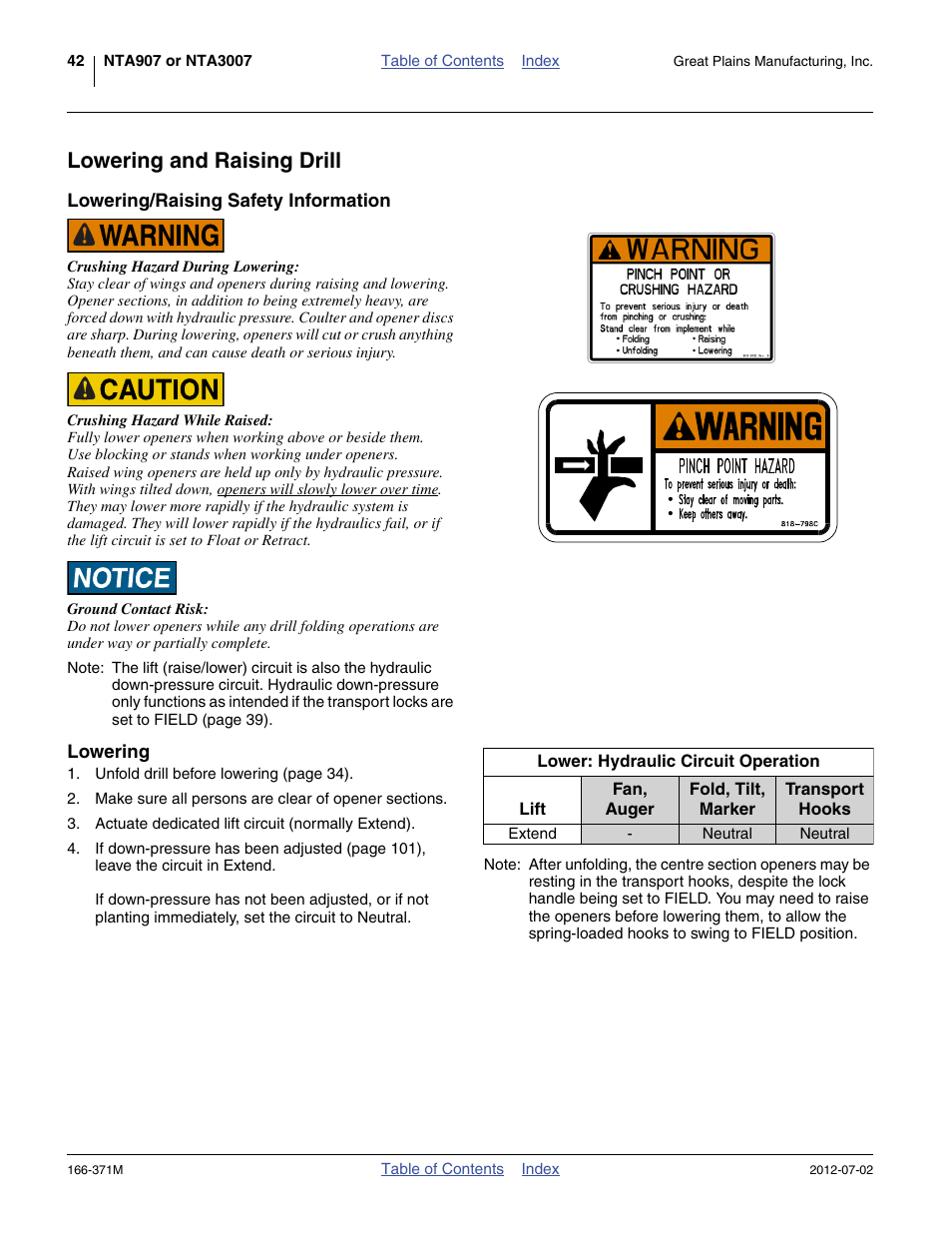 Lowering and raising drill, Lowering/raising safety information, Lowering | Great Plains NTA3007 Operator Manual User Manual | Page 46 / 200