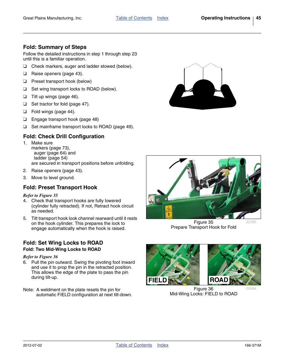 Fold: summary of steps, Fold: check drill configuration, Fold: preset transport hook | Fold: set wing locks to road, Fold: two mid-wing locks to road, Actor setup (step 1 through, Road field | Great Plains NTA3007 Operator Manual User Manual | Page 49 / 200