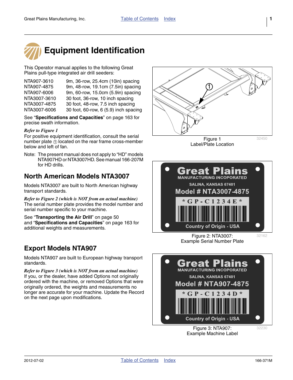 Equipment identification, North american models nta3007, Export models nta907 | Great Plains NTA3007 Operator Manual User Manual | Page 5 / 200