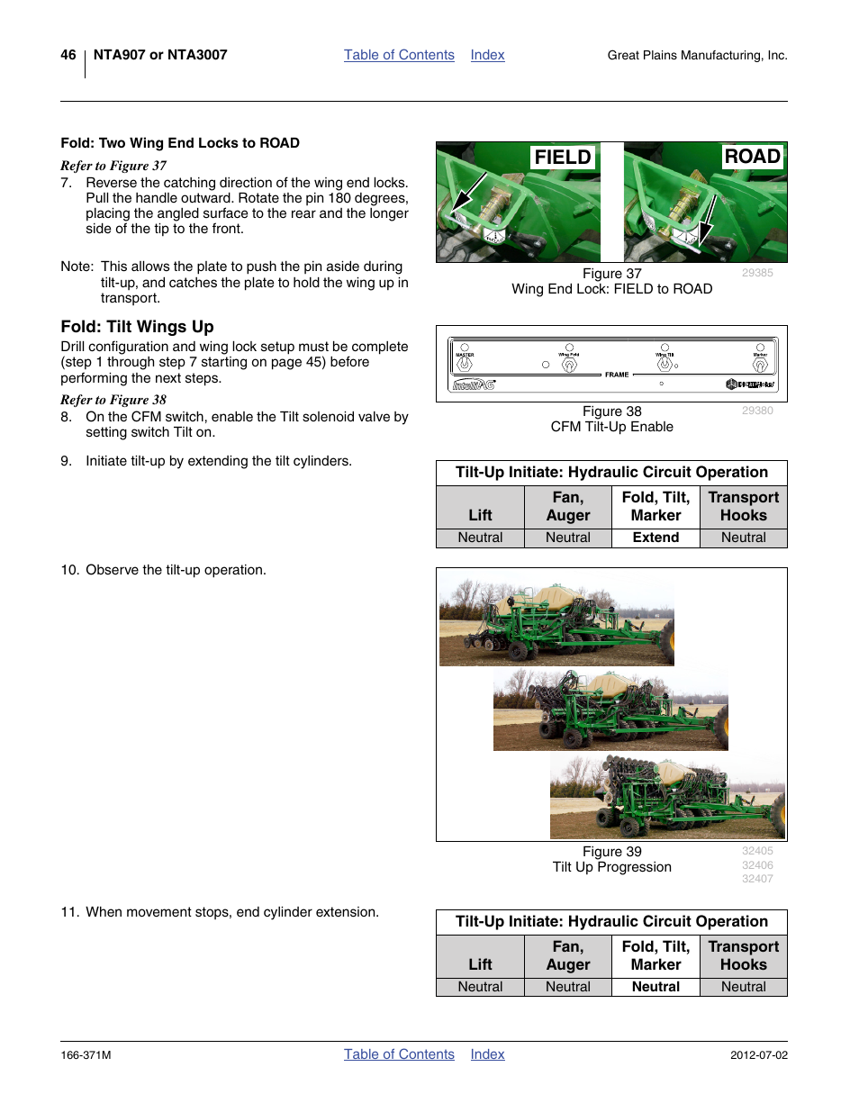 Fold: two wing end locks to road, Fold: tilt wings up, Road field | Great Plains NTA3007 Operator Manual User Manual | Page 50 / 200