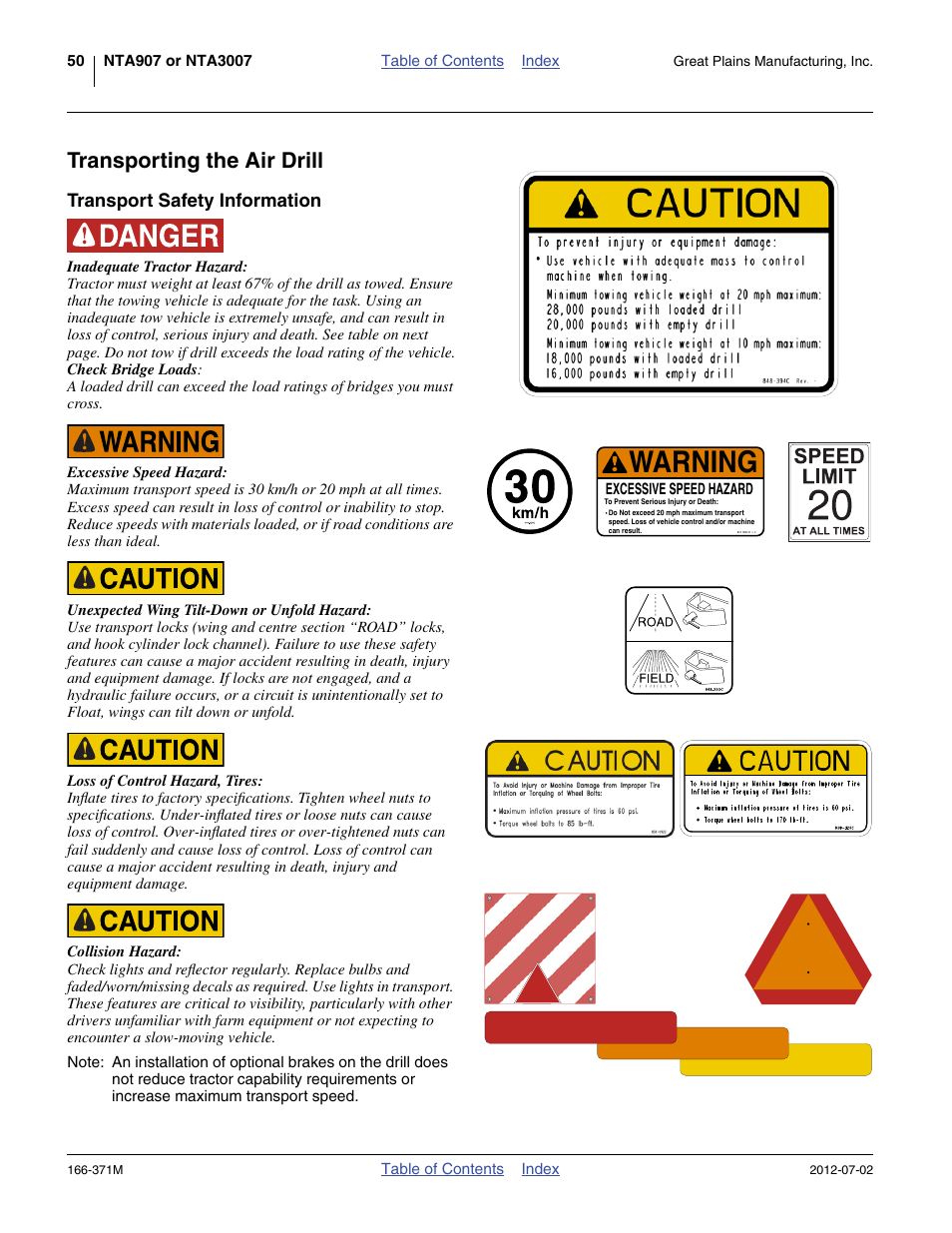 Transporting the air drill, Transport safety information, Warning | Great Plains NTA3007 Operator Manual User Manual | Page 54 / 200