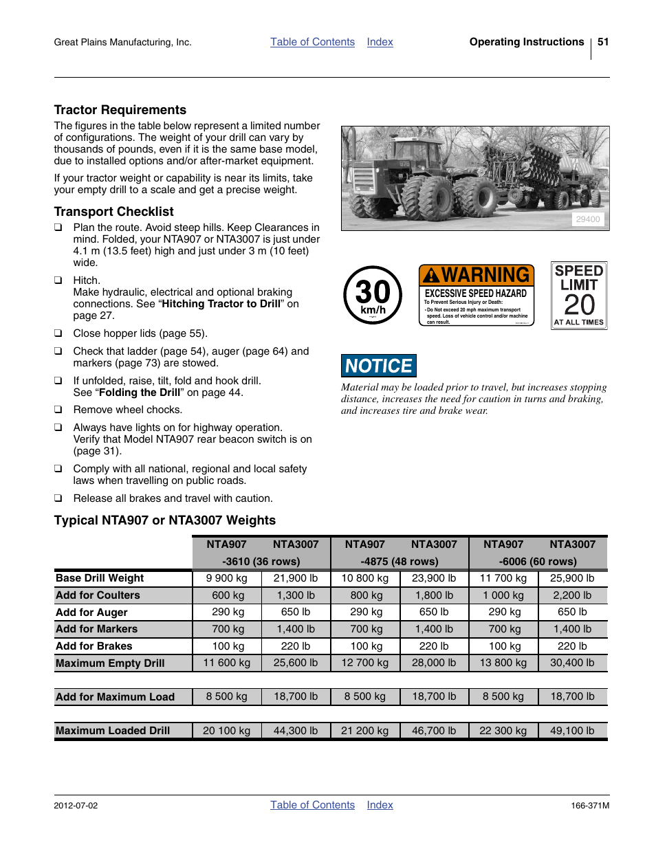 Tractor requirements, Transport checklist, Typical nta907 or nta3007 weights | Warning | Great Plains NTA3007 Operator Manual User Manual | Page 55 / 200