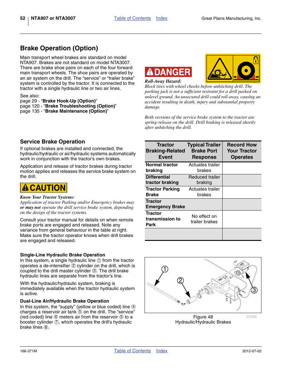 Brake operation (option), Service brake operation, Single-line hydraulic brake operation | Dual-line air/hydraulic brake operation | Great Plains NTA3007 Operator Manual User Manual | Page 56 / 200