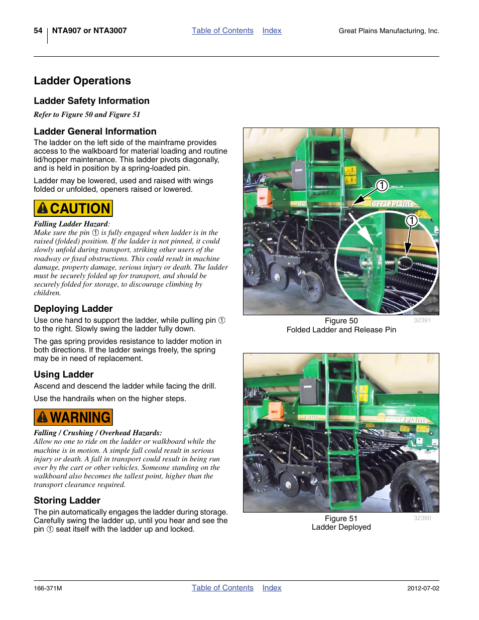 Ladder operations, Ladder safety information, Ladder general information | Deploying ladder, Using ladder, Storing ladder, Using ladder storing ladder | Great Plains NTA3007 Operator Manual User Manual | Page 58 / 200
