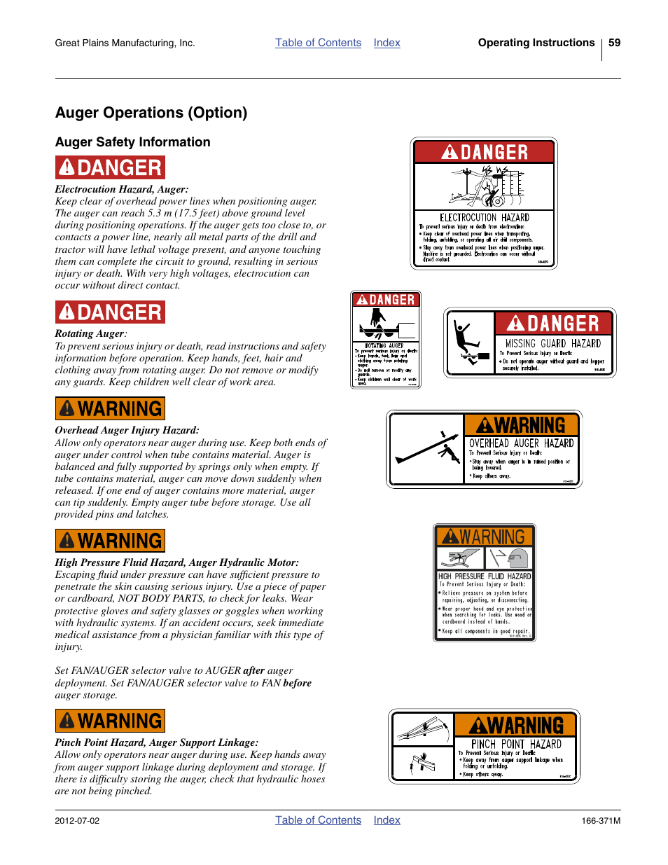 Auger operations (option), Auger safety information | Great Plains NTA3007 Operator Manual User Manual | Page 63 / 200
