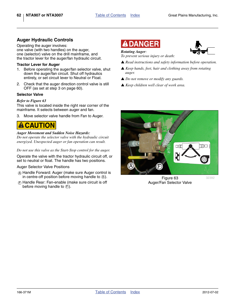 Auger hydraulic controls, Tractor lever for auger, Selector valve | Tractor lever for auger selector valve | Great Plains NTA3007 Operator Manual User Manual | Page 66 / 200