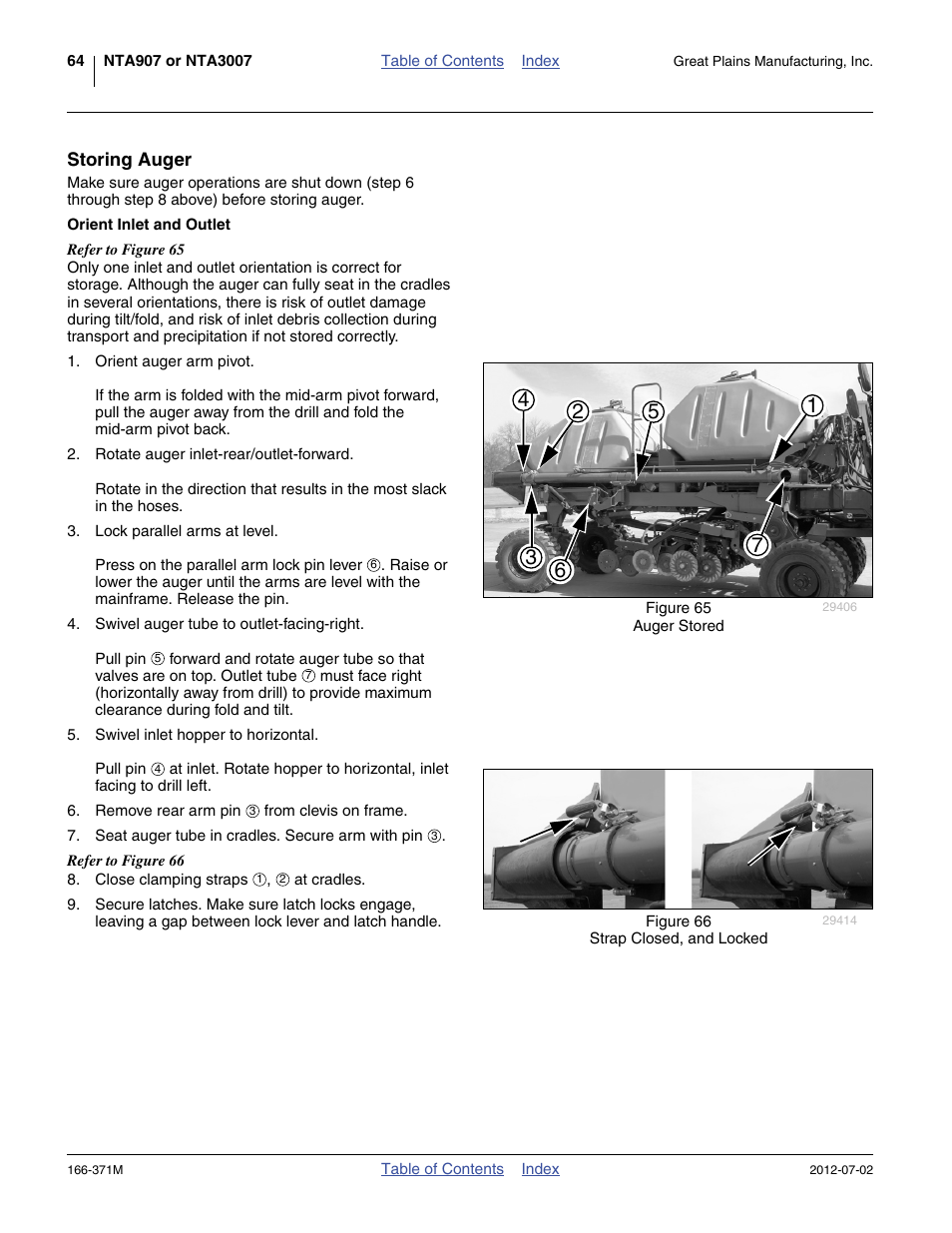 Storing auger, Orient inlet and outlet, 64) and | Great Plains NTA3007 Operator Manual User Manual | Page 68 / 200