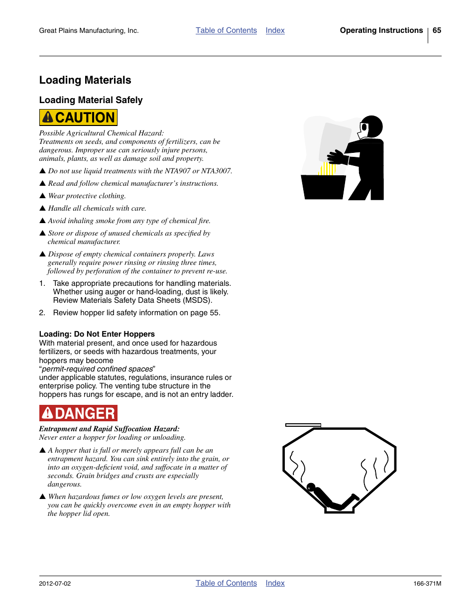 Loading materials, Loading material safely, Loading: do not enter hoppers | Great Plains NTA3007 Operator Manual User Manual | Page 69 / 200