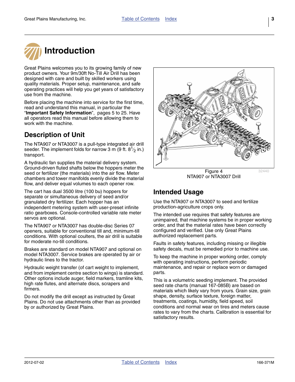 Introduction, Description of unit, Intended usage | Introduction description of unit intended usage | Great Plains NTA3007 Operator Manual User Manual | Page 7 / 200