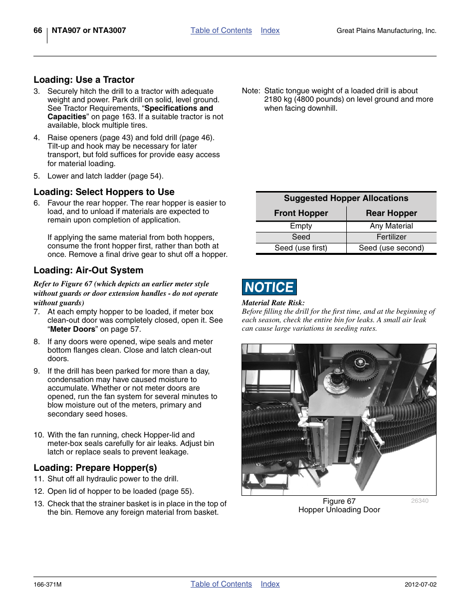 Loading: use a tractor, Loading: select hoppers to use, Loading: air-out system | Loading: prepare hopper(s) | Great Plains NTA3007 Operator Manual User Manual | Page 70 / 200