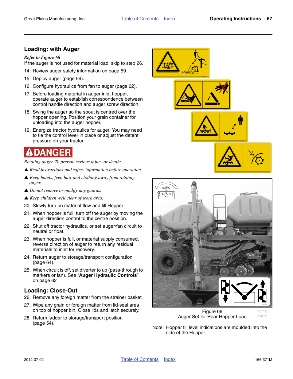 Loading: with auger, Loading: close-out, Loading: with auger loading: close-out | Great Plains NTA3007 Operator Manual User Manual | Page 71 / 200