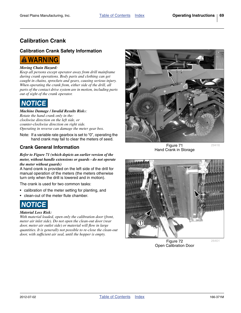 Calibration crank, Calibration crank safety information, Crank general information | Great Plains NTA3007 Operator Manual User Manual | Page 73 / 200