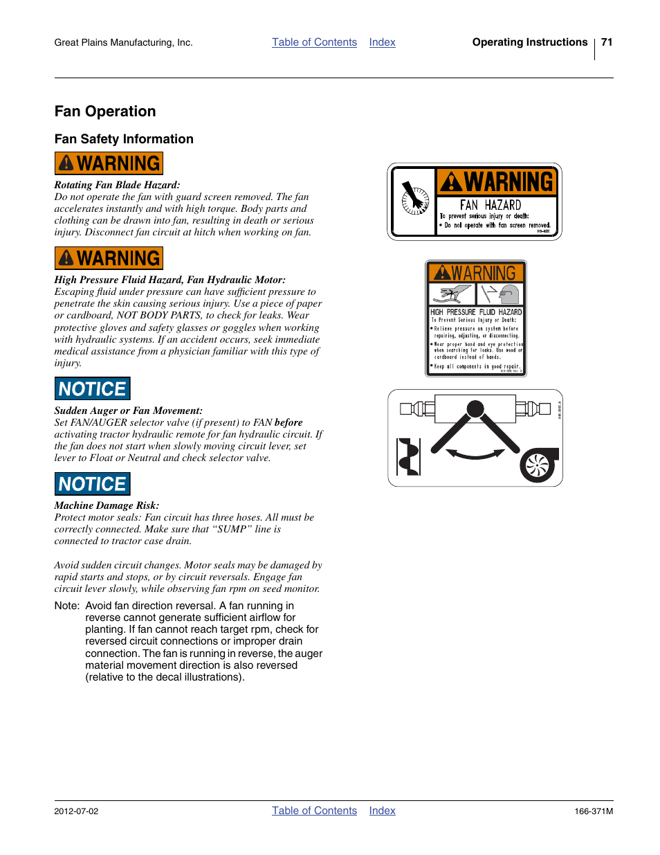 Fan operation, Fan safety information | Great Plains NTA3007 Operator Manual User Manual | Page 75 / 200