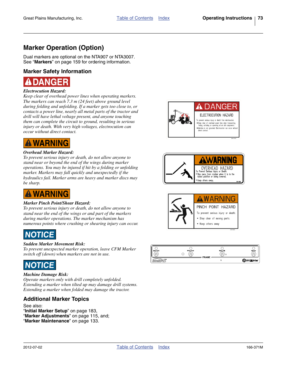 Marker operation (option), Marker safety information, Additional marker topics | Great Plains NTA3007 Operator Manual User Manual | Page 77 / 200