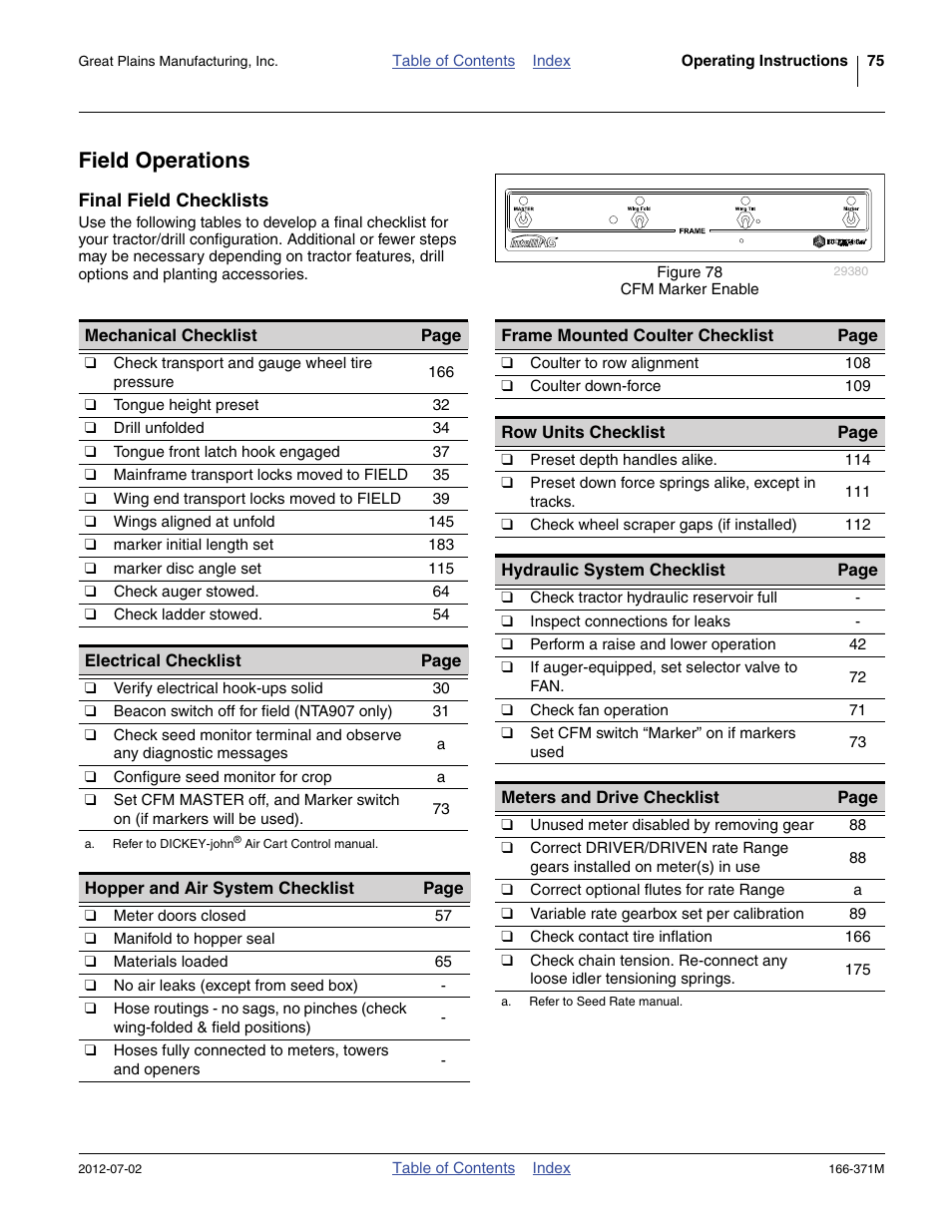 Field operations, Final field checklists | Great Plains NTA3007 Operator Manual User Manual | Page 79 / 200