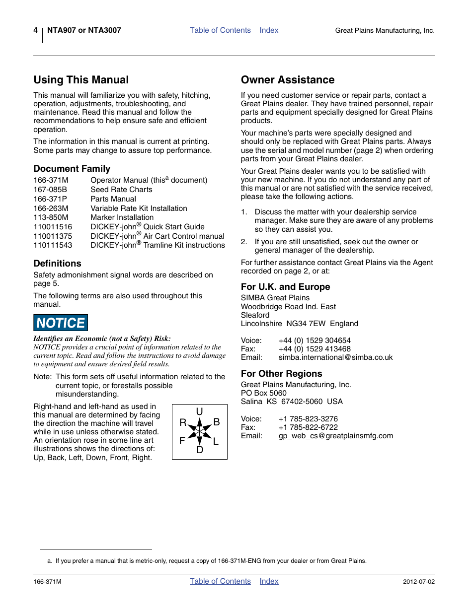 Using this manual, Document family, Definitions | Owner assistance, For u.k. and europe, For other regions, Document family definitions | Great Plains NTA3007 Operator Manual User Manual | Page 8 / 200