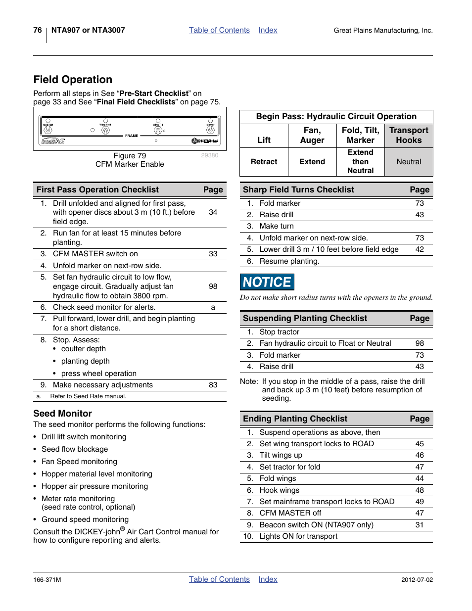Field operation, Seed monitor | Great Plains NTA3007 Operator Manual User Manual | Page 80 / 200