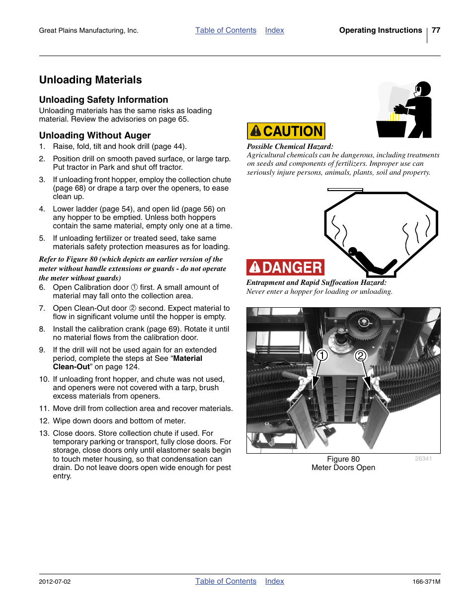 Unloading materials, Unloading safety information, Unloading without auger | Great Plains NTA3007 Operator Manual User Manual | Page 81 / 200