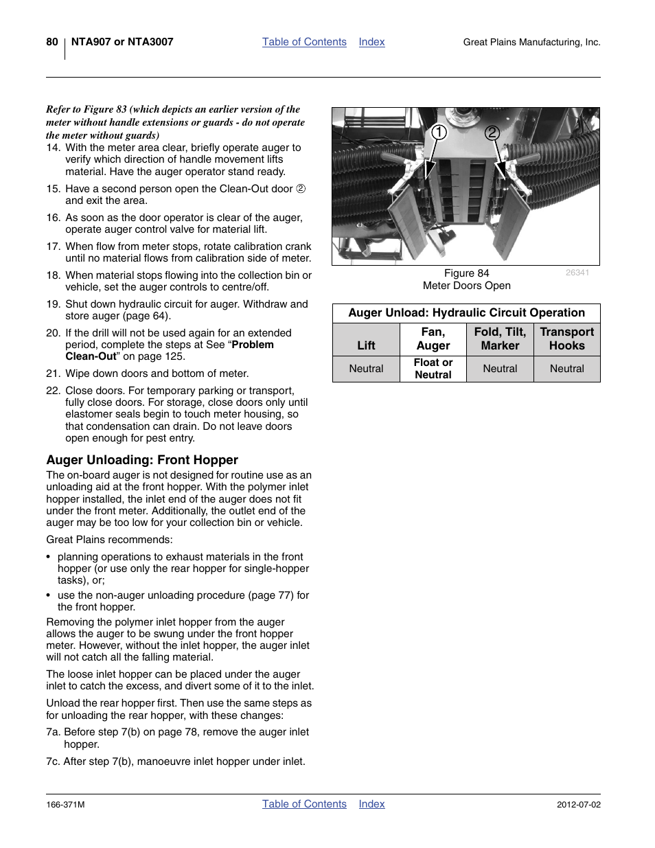 Auger unloading: front hopper | Great Plains NTA3007 Operator Manual User Manual | Page 84 / 200