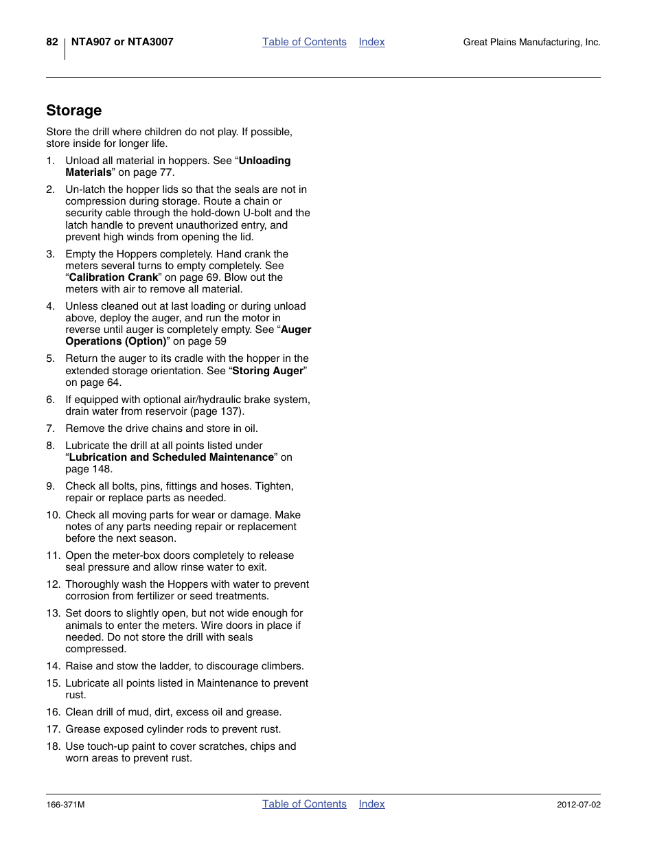 Storage | Great Plains NTA3007 Operator Manual User Manual | Page 86 / 200