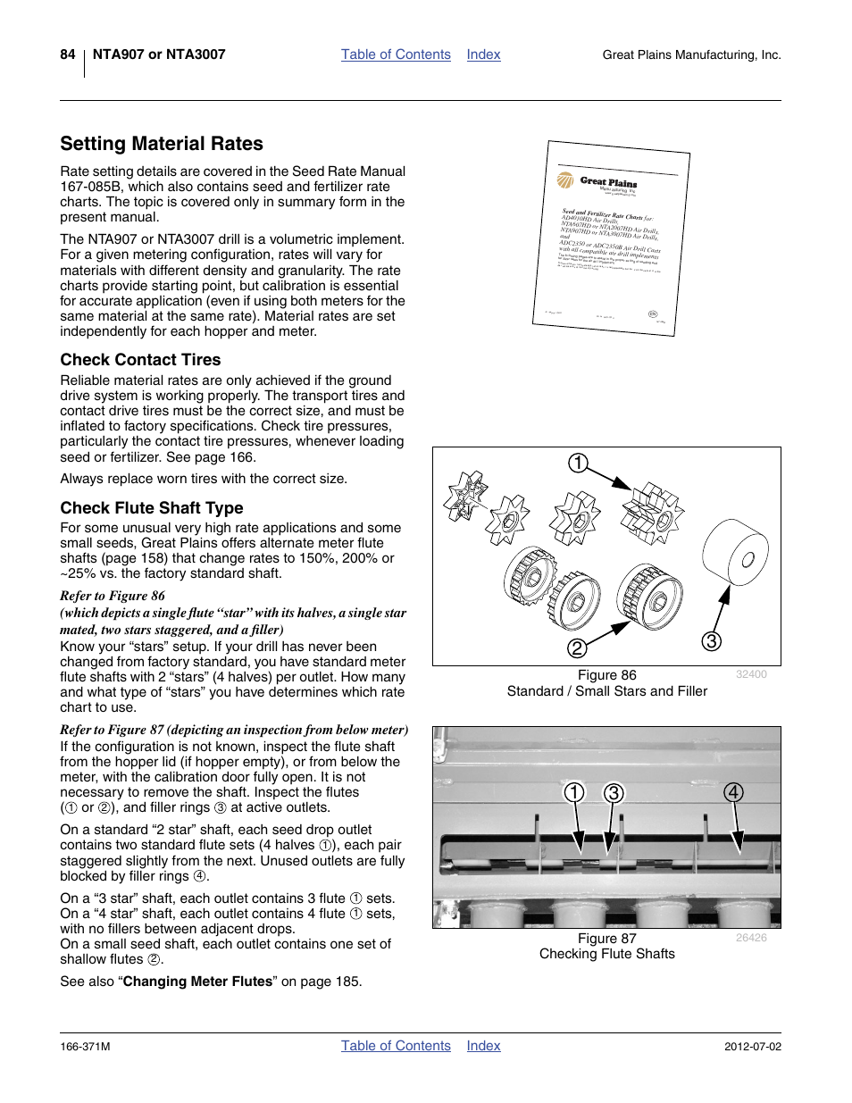 Setting material rates, Check contact tires, Check flute shaft type | Table of contents index, Figure 86 standard / small stars and filler, Figure 87 checking flute shafts, Great plains manufacturing, inc | Great Plains NTA3007 Operator Manual User Manual | Page 88 / 200