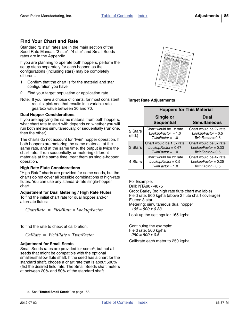 Find your chart and rate, Dual hopper considerations, High rate flute considerations | Adjustment for dual metering / high rate flutes, Adjustment for small seeds, Chartrate fieldrate lookupfactor, Calrate fieldrate twinfactor ч | Great Plains NTA3007 Operator Manual User Manual | Page 89 / 200