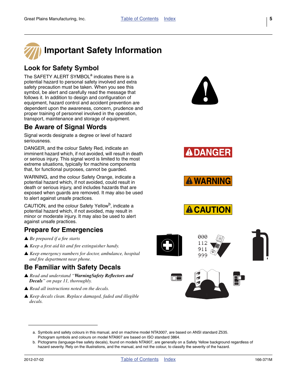 Important safety information, Look for safety symbol, Be aware of signal words | Prepare for emergencies, Be familiar with safety decals | Great Plains NTA3007 Operator Manual User Manual | Page 9 / 200