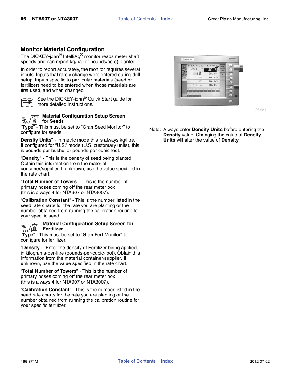 Monitor material configuration, Material configuration setup screen for seeds, Material configuration setup screen for fertilizer | Great Plains NTA3007 Operator Manual User Manual | Page 90 / 200