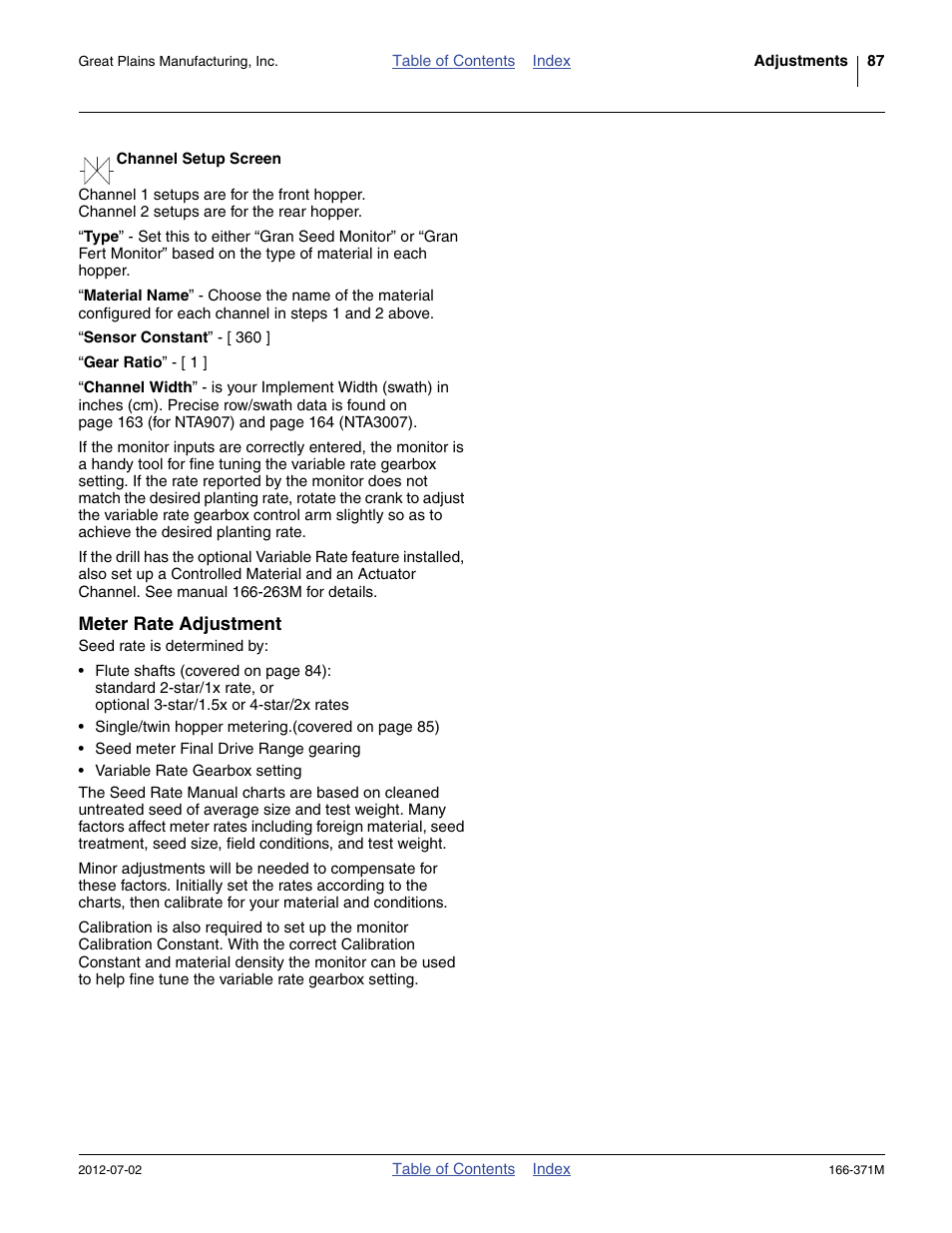 Channel setup screen, Meter rate adjustment | Great Plains NTA3007 Operator Manual User Manual | Page 91 / 200
