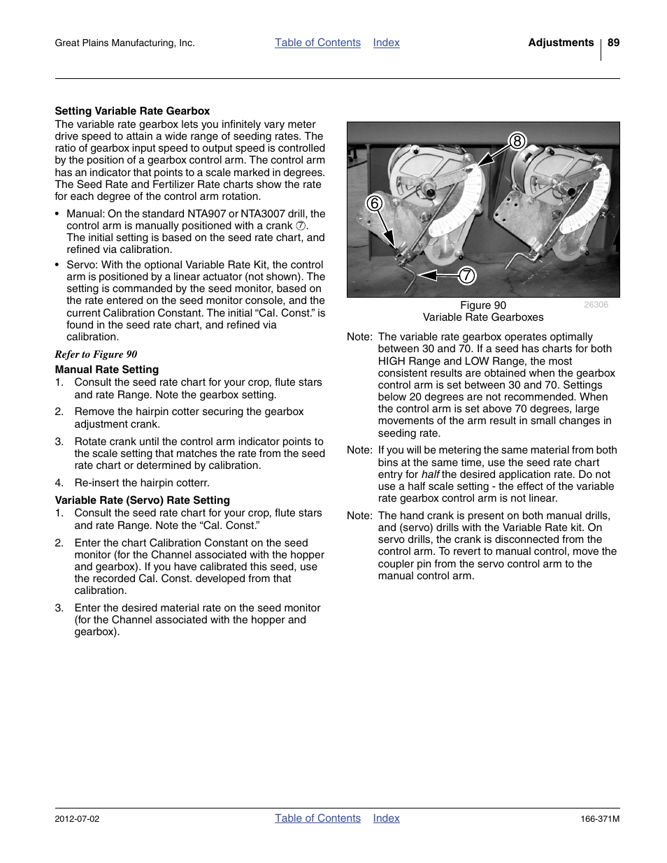 Setting variable rate gearbox, Manual rate setting, Variable rate (servo) rate setting | Great Plains NTA3007 Operator Manual User Manual | Page 93 / 200