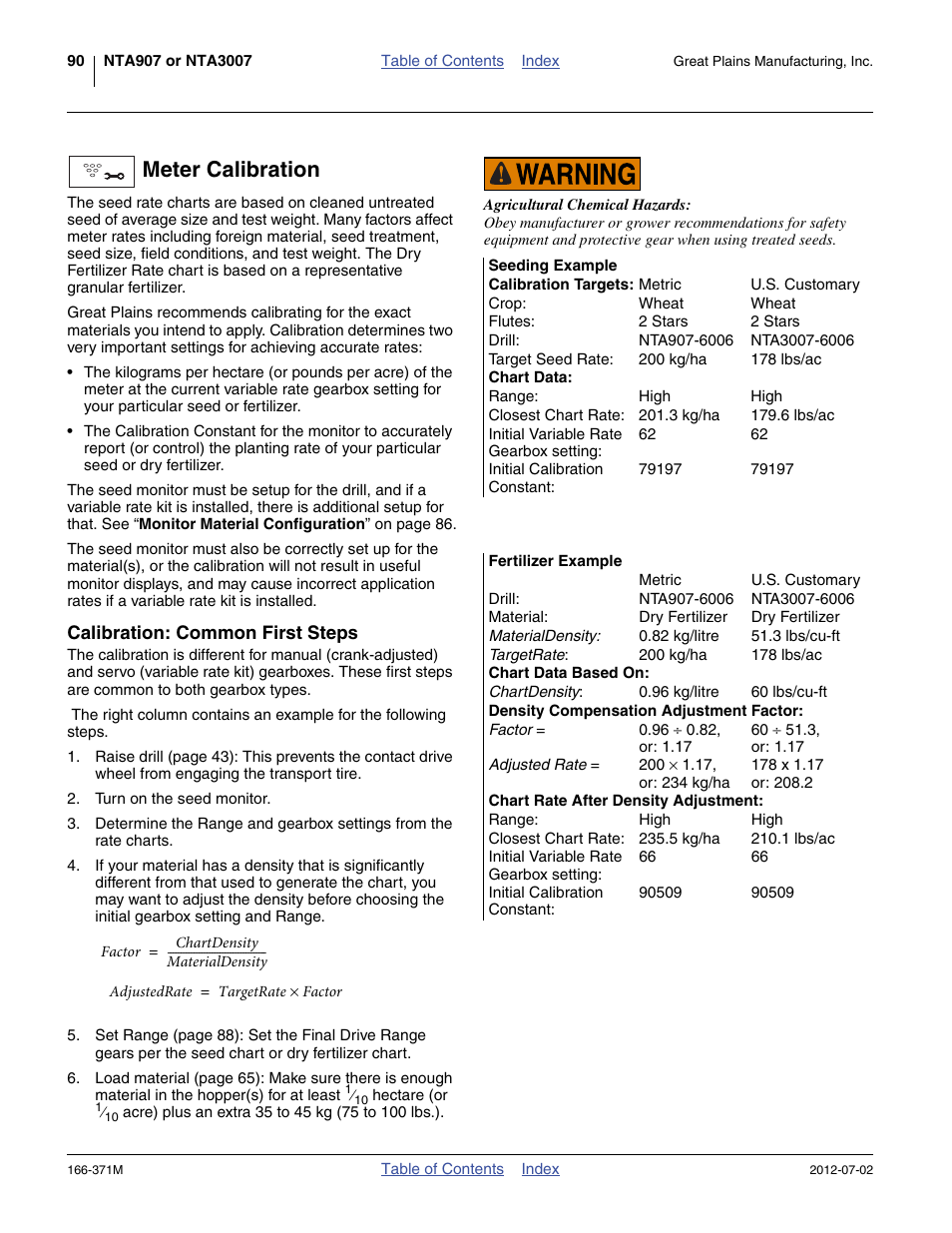 Meter calibration, Seeding example, Calibration targets | Fertilizer example, Dry fertilizer, Chart data based on, Density compensation adjustment factor, Chart rate after density adjustment, Calibration: common first steps | Great Plains NTA3007 Operator Manual User Manual | Page 94 / 200