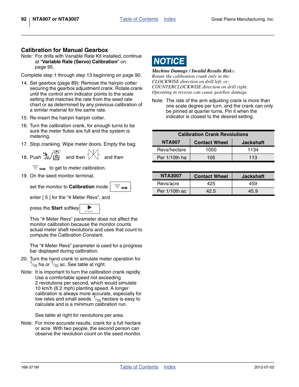 Calibration for manual gearbox, Calibration crank revolutions | Great Plains NTA3007 Operator Manual User Manual | Page 96 / 200