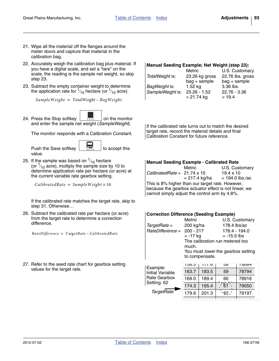 Manual seeding example; net weight (step 23), Manual seeding example - calibrated rate | Great Plains NTA3007 Operator Manual User Manual | Page 97 / 200