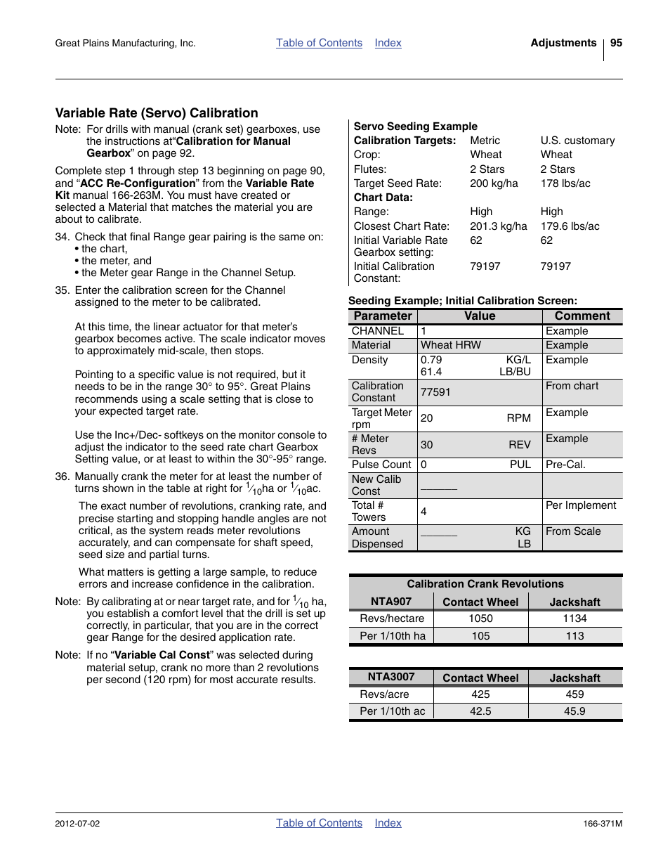 Variable rate (servo) calibration, Servo seeding example, Seeding example; initial calibration screen | Calibration crank revolutions | Great Plains NTA3007 Operator Manual User Manual | Page 99 / 200